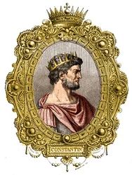 Muotokuva Rooman keisarista Konstantinus I Suuresta (274-337). Maurice Lachatren kaiverrus teokseen "Paavien-kuninkaiden-kuningattaren ja keisarien historia vuosisatojen ajan"