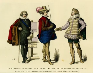 Muotokuvat Souvren marechalista (kuollut 1626), Roger de Saint Larysta, Bellegarden herttuan (1562-1646), Ranskan suurkäräjän (Grand Ecuyer of France) ja Antoine de Pluvinelista (1556-1605), Ludvig XIII:n ratsumestarista (1610-1643). Värikaiverrus, teokses