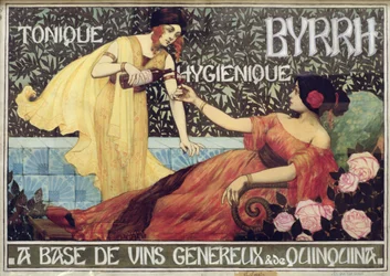 Juliste, jossa mainostetaan "Byrrh, tonic ja hygieeninen juoma", noin 1900 (kaiverrus).