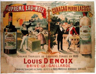 Julisteet "Eaux de Noix" ja "Curacao, Pierre Lacoste", ranskalaiset liköörit, valmistaja Louis Denoix (väri litho)