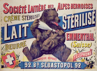 Societe Laitiere des Alpes Bernoisesin steriloitua maitoa, voita ja Emmental-juustoa mainostava juliste, 1895-1900