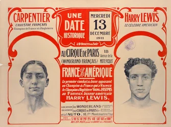 Juliste, joka mainostaa Carpentierin ja Harry Lewisin nyrkkeilyottelua, 1911