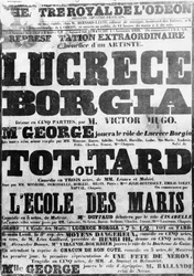 Juliste Lucretia Borgian esityksestä Odeonissa, 1843