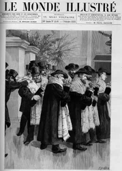 Kulkue uuden israelilaisen temppelin vihkiäisiksi Versaillesissa. Kaiverrus teokseen "Kuvallinen maailma" 1886.