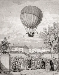 Professori Jacques Charles ja Nicolas-Louis Robert lentävät maailman ensimmäisellä miehitetyllä vetypallolla 1. joulukuuta 1783 Pariisin Tuilleries Gardensissa, Histoire de Francesta, julkaistu noin 1880 (kaiverrus)