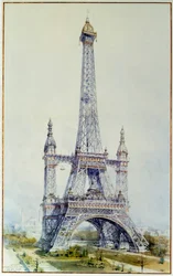 Eiffel-tornin muutosprojekti vuoden 1900 näyttelyä varten (toukokuu 1896). Kaiverrus vuodelta 1896. Pariisi, Kansallisarkisto