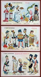 Kampanja- ja koulutuskortit lapsille, jotka kuvaavat Lorraine-alueen ruokaerikoisuuksia, n. 1910