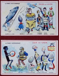 Kampanja- ja koulutuskortit lapsille, jotka kuvaavat Maine-et-Loiren ja Loir-et-Cherin alueiden erikoisuuksia, n. 1910
