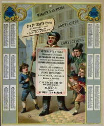 Kampanjakalenteri vuoden 1887 Canavy Freres -räätälien ja lyhyttavaroiden mainontaan, n. 1886