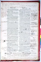 Oikolukusivu, jossa on korjauksia Ranskan akatemian sanakirjan painoksesta (muste paperille) (katso myös 179945)