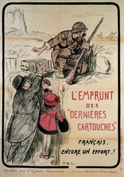 Ensimmäisen maailmansodan propagandajuliste: "Kun viimeiset patruunat on lainattu, ranskalaiset, vielä yksi ponnistus", 1900-luku. Kokoelma Lähdetään.