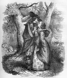 Zellen kuningatar Sophie Dorothee (1666-1726), Englannin Yrjö I:n ja Koenigsmarkin nuoren Philip Christophen vaimo läheisyyden hetkenä. Kaiverrus "Prostituution ja irstailun historiasta kaikkien maailman kansojen keskuudessa antiikista