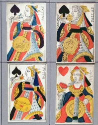 Patakuningatar ja Sydänkuningatar -pelikortit, 1600-1700 (värillinen puukaiverrus)
