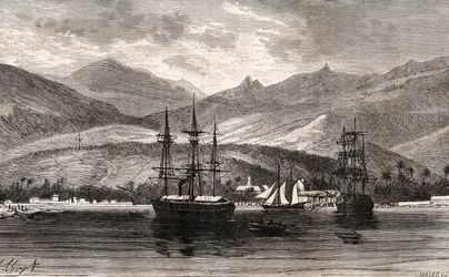 Rade de Taiti - Tahiti - kaiverrus V.A. Malt-Brownin kirjaan "La France illustrée: maantiede, historia, tilastohallinto". 1884