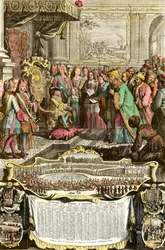 Ludvig XV vastaanottaa Mehemet Effendin, suuren sulttaani Achmetin turkkilaisen suurlähettilään 21. maaliskuuta 1721 Tuilerioissa. Kaiverrus 1700-luvulta. Yksityiskokoelma.
