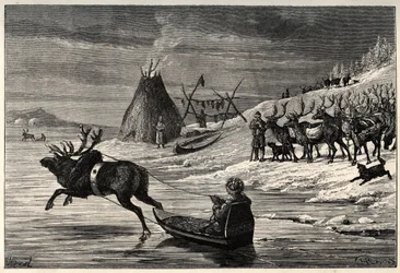 Porolauma Lapissa - kaiverrus Arthur Manginin teoksesta "Mies ja Bete" - 1872 -