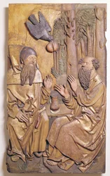 Reliefi St. Anthonysta vierailemassa St. Paulin luona autiomaassa Colmarin vanhan sairaalan kappelista (kullattua puuta)