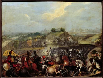 Uskonnolliset sodat: "" Henrik IV Ivryn taistelussa 14.3.1590" Ivryn taistelussa 14.3.1590 kuninkaallinen armeija voitti katolisen liiton. Maximilian of Bethune, Sullyn herttua, kuninkaan ministeri, loukkaantui siellä. Frensien maalaus