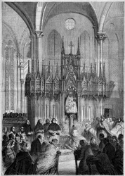 Uskonnollinen taide: Notre Dame du Pillar -patsas tai "" Virgo Noire"" (noin 1540) Chartresin katedraalissa (Eure et Loire, 28) vuonna 1858. Kaiverrus "" Le Monde Illustré" -julkaisussa nro 89 25. joulukuuta 1858.