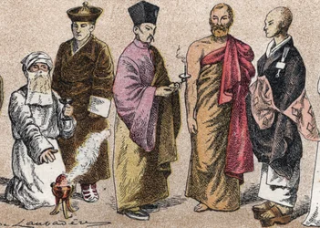 Trajes religiosos da Ásia: de g a d retrato de um padre Parsi (parse ou seguidor do parsismo), Lama (mestre espiritual tibetano), padre budista chinês, bonze do Ceilão e padre budista japonês - Gravura - Trajes religiosos na Ásia: da esquerda para o rigfin