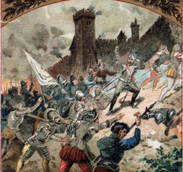 Guerres religioses: els hugonots es van apoderar del castell de Dampierre el 1567. Cromolitografia de finals del segle XIX finlandès