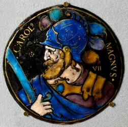 Kaarle Suuren (Kaarles I Suuren) (742 - 814), Ranskan kuninkaan edustus. Medaljonki sähköpostissa 1500-luvun Limogesista. Kuuntele, National Renaissance Museum