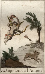 Kuvaus Amorista tai Amourista, Venuksen palvelijasta, lapsena sidottuina silminä, piirtäen nuolen (Amor, rakkauden jumala, lapsena sidottuina, piirtämällä nuolta). Pierre Blanchardin "Nuoruuden mytologiasta" vuodelta 1803.