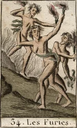 Furiesin, Tisphonen, Megeren ja Alectonin, vainoavien jumalien, edustus discharneeina (furies, Tisphone, Megaera ja Alecto, edustettuina laihtuneina naisina). Pierre Blanchardin "Nuoruuden mytologiasta" vuodelta 1803.