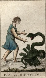 Viattomuuden esitys lapsena, joka ruokkii vaarallista käärmettä. Pierre Blanchardin "Nuoruuden mytologiasta" vuodelta 1803.