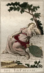 Edustus Lazinessista, yön ja unen tyttärestä nuorena miehenä kilpikonnan kanssa. Pierre Blanchardin "Nuoruuden mytologiasta" vuodelta 1803.