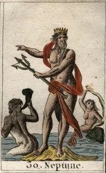 Merten jumalan Neptunuksen kuvaus, jossa hän pitelee kolmikärkeä. (Meren jumala Neptunus pitelee kolmikärkeä.) Pierre Blanchardin teoksesta "Nuorison mytologia", 1803.