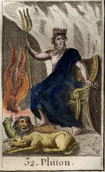 Kuvaus Plutosta, manalan jumalasta, jonka jalkojen juuressa on Kerberos, kolmipäinen koira ja manalan vartija. (Pluto, helvetin jumala, ja Kerberos, kolmipäinen koira). Pierre Blanchardin teoksesta "Nuorison mytologia", 1803.