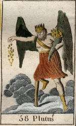 Varallisuuden jumalan Plutoksen (Ploutos) kuvaus: Hän on kruunattu ja sokea ja jakaa lahjoja sattumanvaraisesti. Pierre Blanchardin teoksesta "Mythology of Youth", 1803.