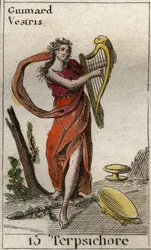 Terpsichoren esitys, tanssin muusa, hän soittaa lyyraa (Terpsichoren esitys, tanssin museo, kädessään lyyra). Pierre Blanchardin "Nuoruuden mytologiasta" vuodelta 1803.