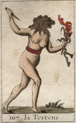 Terrorin esitys naisena, jolla on leijonan pää, jolla on veitsi ja käärmeitä. Pierre Blanchardin "Nuoruuden mytologiasta" vuodelta 1803.