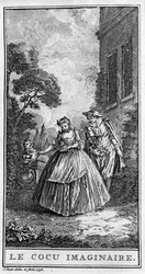 Esitys kohtauksesta teoksesta "" Sganarelle ou le cuckold imaginaire"" (1660), kirjoittanut Jean Baptiste Poquelin dit Moliere (1622-1673). Kaiverrus vuodelta 1738.