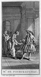 Esitys kohtauksesta Jean Baptiste Poquelin dit Molieren (1622-1673) kappaleesta "" Monsieur de Pourceaugnac"" (1669). Kaiverrus vuodelta 1740.