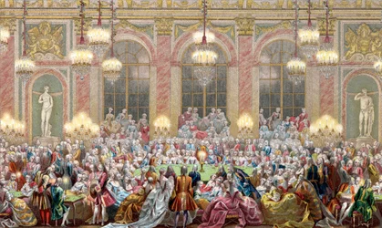 "" Jeu du roi" -istunnon esitys kuningas Ludvig XV:n hovissa, kuninkaan peli