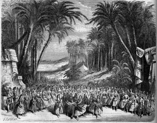 Oopperan esitys: "The Queen of Saban" II näytöksen lavastus Michel Carren (1819-1872) ja Jules Barbierin (1822-1901) libretolla ja Charles Gounodin (1818-1893) musiikilla. Pariisi, Theatre de l