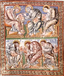 Reimsin koulun kuuden apotrin karolingialaisen miniatyyrin esitys, joka on peräisin teoksesta "Collectio Canon Hadriana" (Ms A-5 f. 14 v) (todennäköisesti Incmar de Reimsin uudelleen laatima decretales-kokoelma) 9. vuosisadan loppupuoli Biblioteca Vallicel