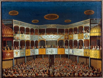 Jean Baptiste Poquelin dit Molieren (1622-1673) esitys "Imaginary Maladista" Minorca-teatterissa Espanjassa; näkymä saliin ja yleisöön. 1700-luvun maalaus. Pariisi, koristetaide