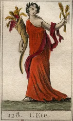 Kesäkauden esitys Ceresinä pitelemässä vehnäseppelettä ja runsauden sarvea. (Kesä edusti Ceres, jossa oli lehti ja runsaudensarvi). Pierre Blanchardin "Nuoruuden mytologiasta" vuodelta 1803.