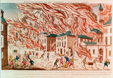 New Yorkin hirvittävän tulipalon kuvaus vuonna 1776 (värillinen kaiverrus)