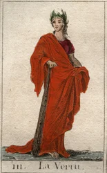 Esitys hyveen jumalasta, nuoresta naisesta, jolla on rehelliset kasvot. (Hyveen esitys nuorena naisena, jolla on suorat kasvot). Pierre Blanchardin "Nuoruuden mytologiasta" vuodelta 1803.