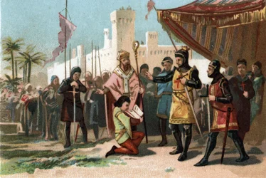 Edustus kuningas Philip III Hardin (1270-1285) asettamia anoblisment-kirjeitä. Kromolitografia noin 1890.