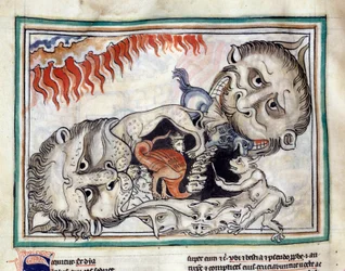 Esitykset alamaailman olennoista, jotka lyövät 1200-luvun ranskalaisen koulukunnan valaiseman "The Apocalypse of Cambrain" -miniatyyriä. Ms. 422. Municipal Library, Cambrai