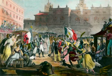 Napoleon Bonaparten (1769-1821) paluu Elban saarelta Grenobleen maaliskuussa 1815. Kaiverrus noin 1815 Yksityinen kokoelma