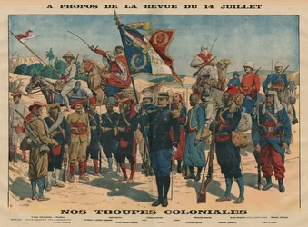 Heinäkuun 14. päivän katselmus, siirtomaajoukkomme, kuvitus julkaisun "Le Petit Journal" kuvitetusta liitteestä, 13. heinäkuuta 1913