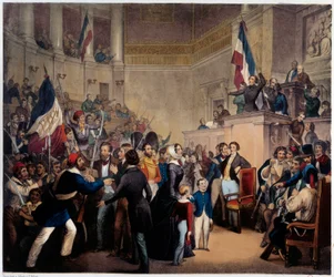 Vuoden 1848 vallankumous. Orleansin herttuatar esiintyy kansanedustajahuoneessa (kansalliskokous) lastensa kanssa saadakseen Regencyn (24. helmikuuta)