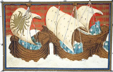 Richard IIs ja hänen laivastonsa laskeutuva Milford Haven, faksikopio Jean Cretonin Le Prinse et Mort du Roy Richartista, uusintapainos 1800-luvulta